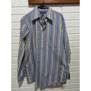 Paul Frederick Men's 100% Cotton Striped Button Front Long Sleeve Shirt Medium